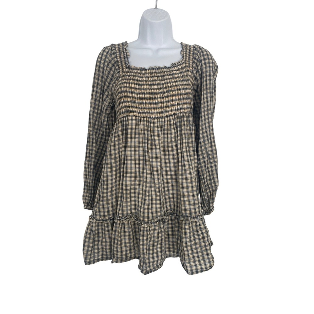 American Eagle Womens Plaid Smocked Babydoll Mini Dress Long Sleeve Tan Blue M